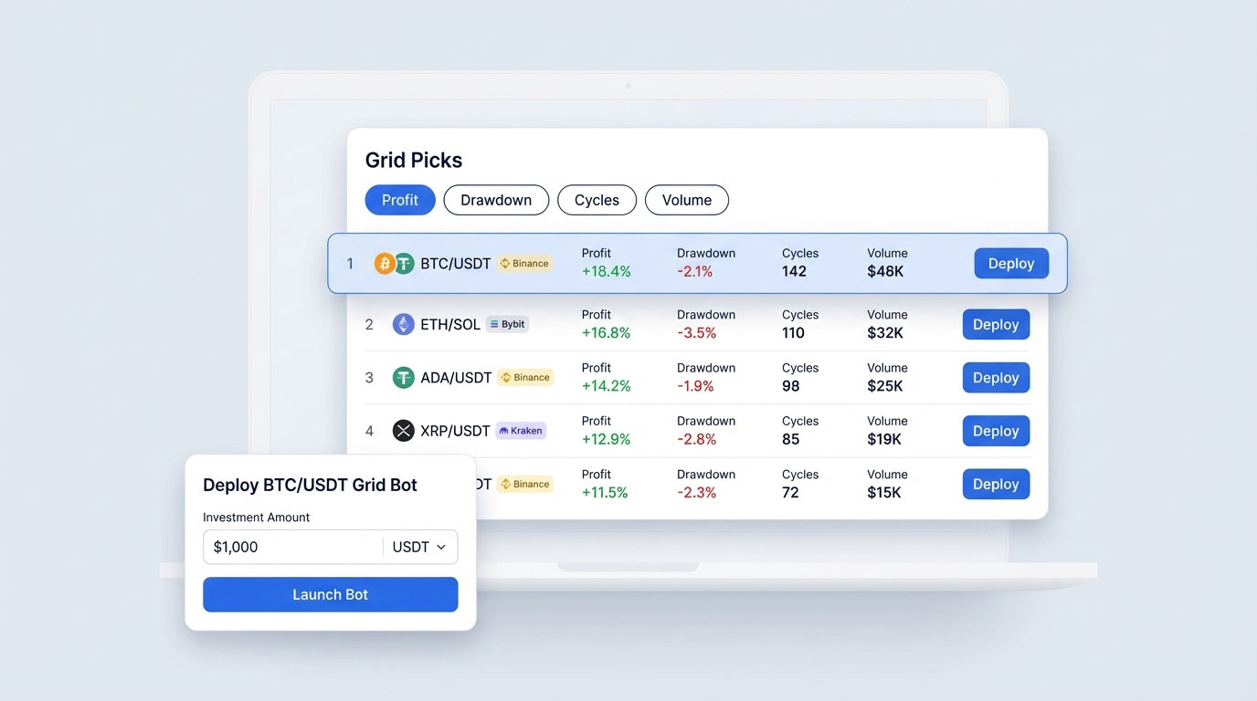 Grid Picks met best presterende grid bot configuraties gerangschikt op winst