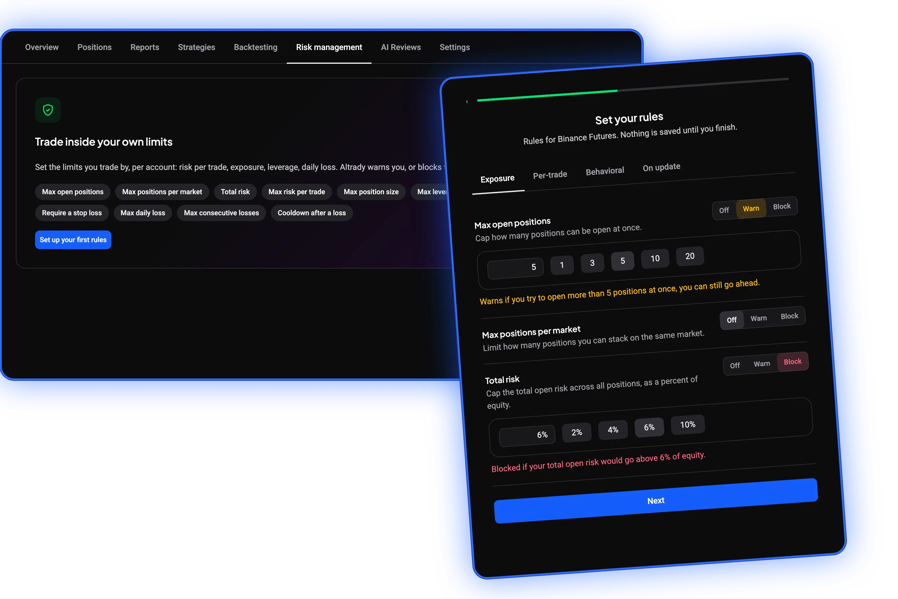 Altrady crypto trading journal risk management showing trading rules, risk protection, warnings and order controls