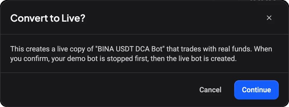 Convert to Live dialog for a demo DCA Bot explaining that it creates a live copy that trades with real funds and stops the demo bot first