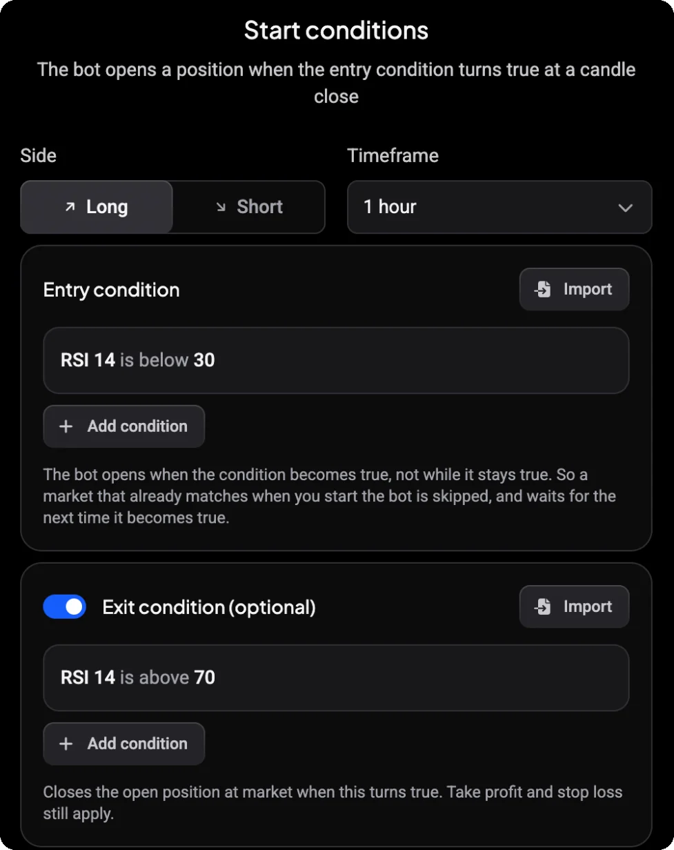 Start conditions step of an Indicator DCA Bot: Long side, 1 hour timeframe, the entry condition RSI 14 is below 30 and the optional exit condition RSI 14 is above 70, each with an Import button