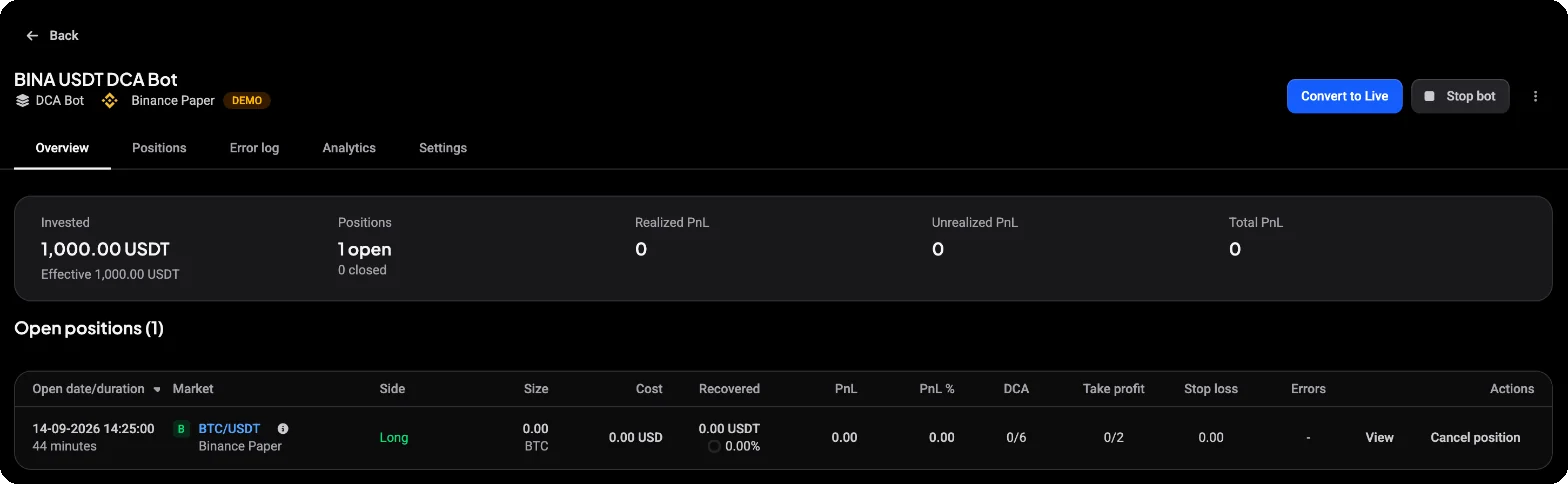 DCA Bot page in Altrady with the Overview tab: Invested, Positions, Realized PnL, Unrealized PnL and Total PnL, and an open BTC/USDT long position with its DCA and take-profit progress