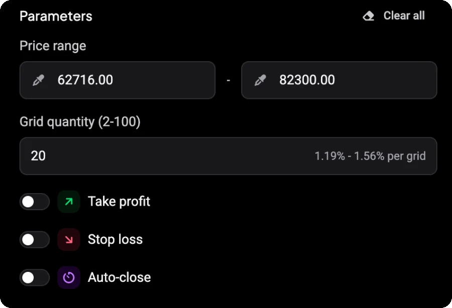 Grid bot parameters in Altrady with the price range, Grid quantity (2-100) set to 20 at 1.19% to 1.56% per grid, and the Take profit, Stop loss and Auto-close switches