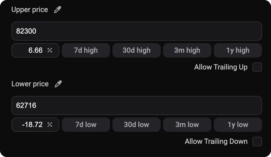 Grid bot backtest settings in Altrady with the upper price 82300 and lower price 62716 for BTC/USDT, the 7d, 30d, 3m and 1y high and low buttons, and the Allow Trailing Up and Allow Trailing Down options
