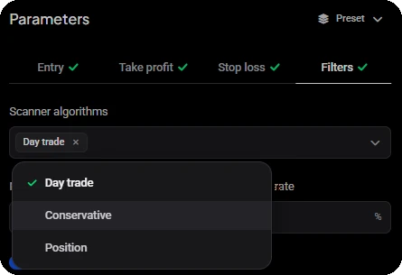 Signal Bot Filters tab with the Scanner algorithms menu open, showing Day trade selected and Conservative and Position available