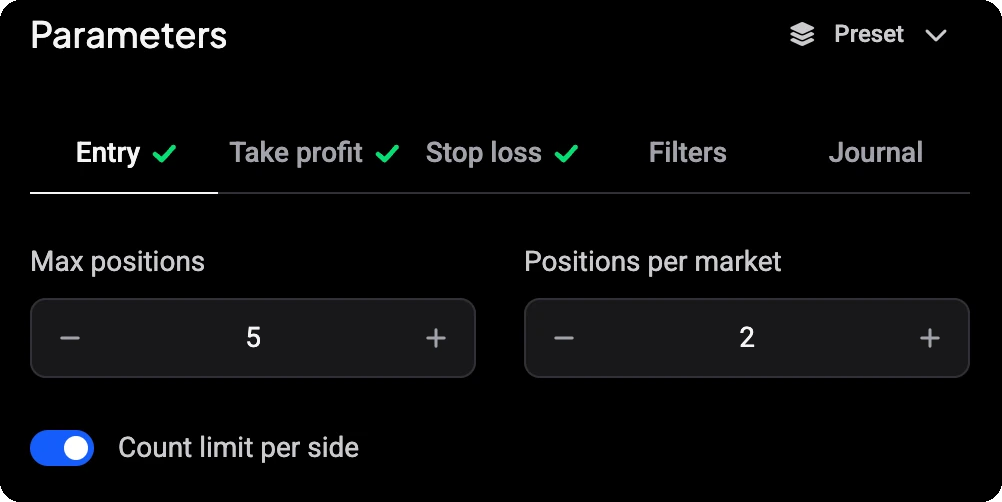 Signal Bot Entry tab on a futures account with Max positions, Positions per market and the Count limit per side switch