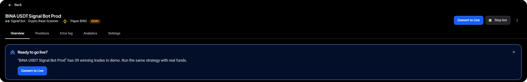 A Signal Bot running on a Paper account with the Demo badge, the Convert to Live and Stop bot buttons, and a Ready to go live banner