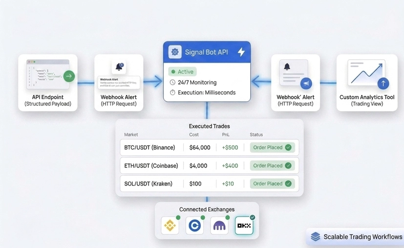Diagramma di automazione API del Signal Bot con endpoint API, alert webhook e strumenti analitici che inviano operazioni a Binance, Coinbase, Kraken e OKX