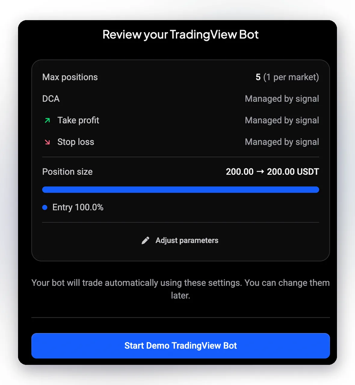 Ecrã de revisão do teu TradingView Bot com DCA, take profit e stop loss geridos por sinal, tamanho da posição e o botão para iniciar o TradingView Bot em demo