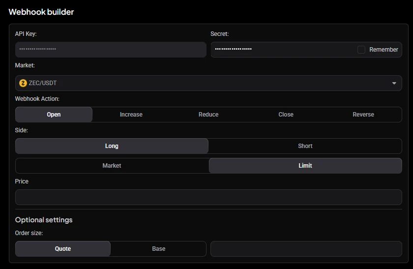 Definições do Webhook Builder na Altrady: mercado, separadores de ação do webhook para Open, Increase, Reduce, Close e Reverse, lado Long ou Short, tipo de ordem Market ou Limit, preço e tamanho da ordem, com a chave API e o secret ocultos