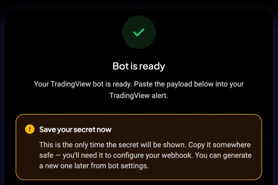 Altrady TradingView Bot ready screen with the payload to paste into a TradingView alert