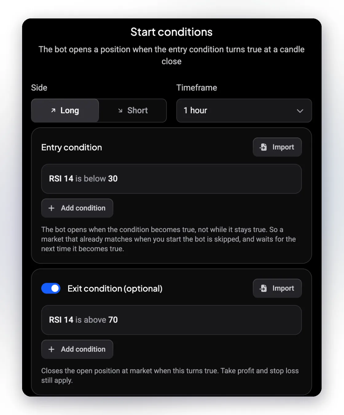 Altrady DCA Bot start conditions with an RSI entry condition, an optional exit condition, side and timeframe