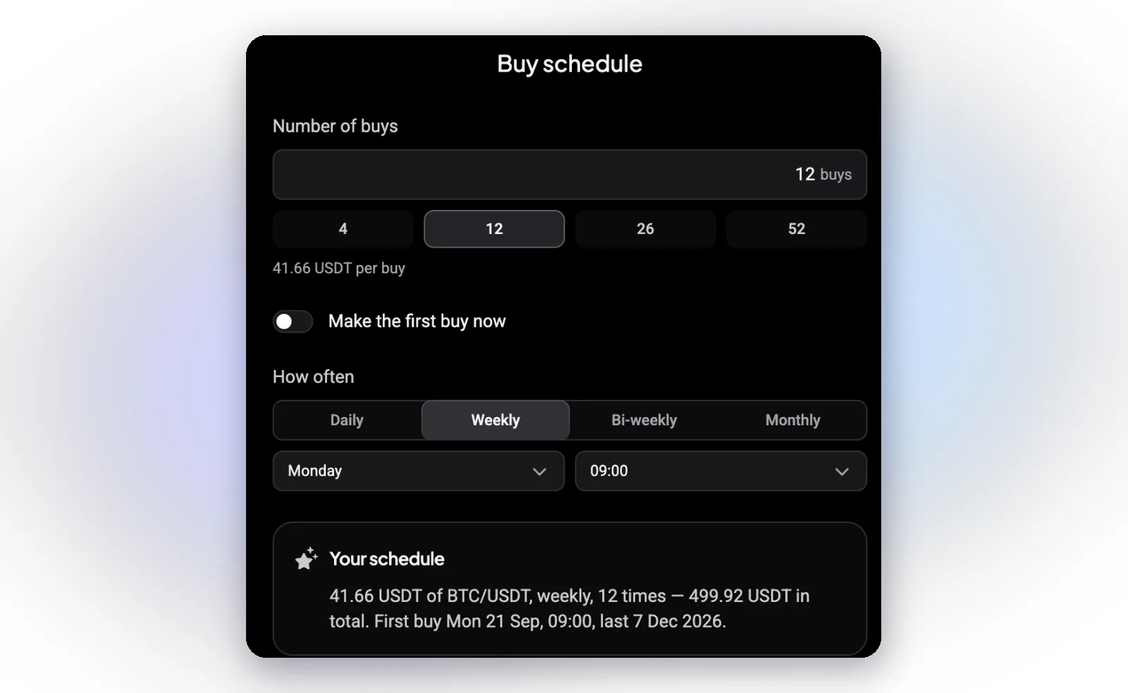 Altrady HODL Bot buy schedule with number of buys, weekly frequency, day and time, and the schedule summary