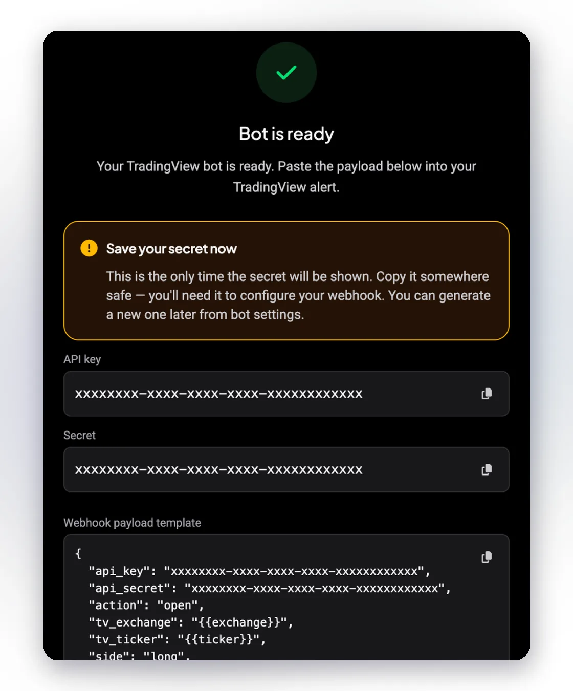 Altrady TradingView Bot setup showing the webhook payload template to paste into a TradingView strategy alert, with masked API key and secret